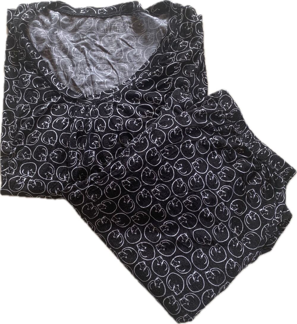 Hue 2 Pc Pajama Set Top Lounge Pants Black White Cat Print Ladies M